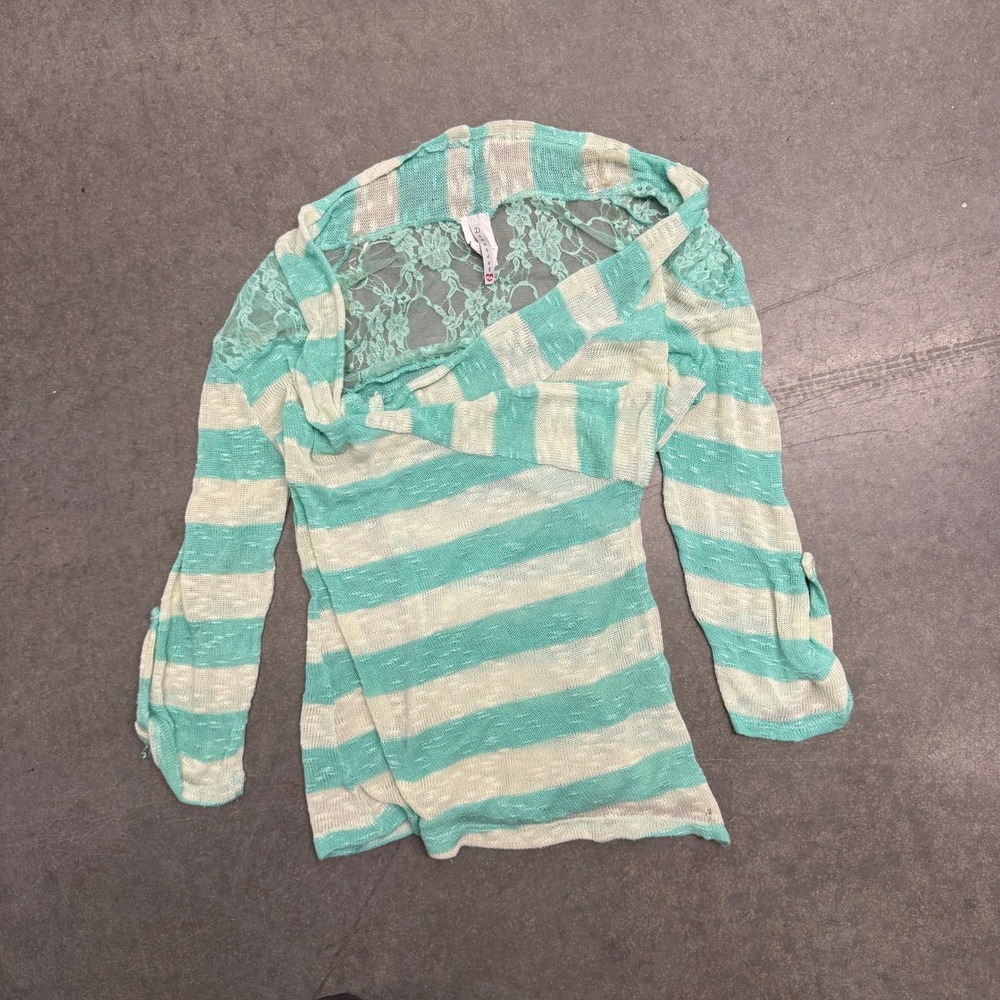 Discreet Mint Green White Striped Lace Back Cowl Neck Knit Top 3/4 Sleeve 3124